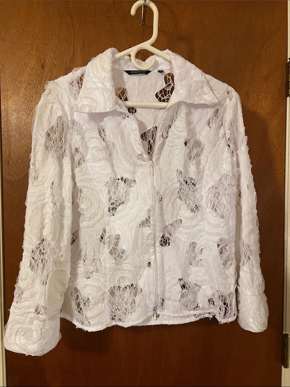Samuel Dong White Lace Zip-Front Button-Down Blouse